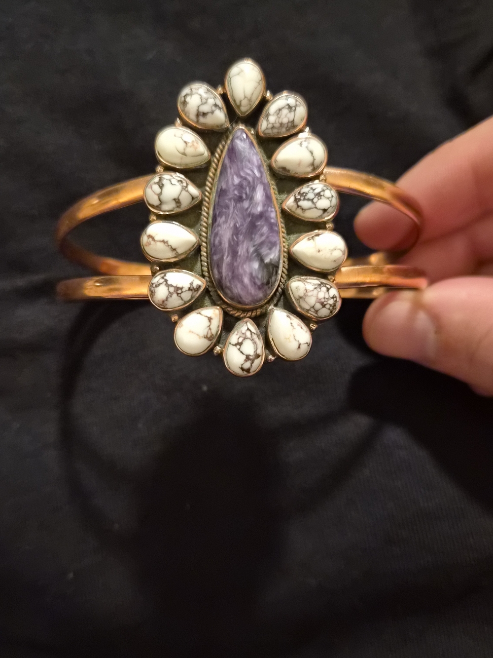 Charoite And Wild Horse Copper Cuff And Purple Dhalia Ring